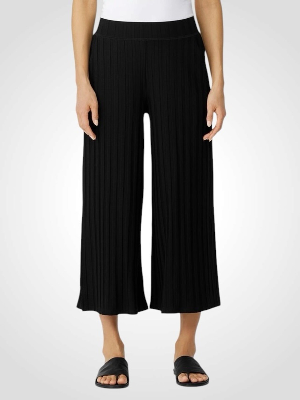Eileen Fisher Black Ribbed Wide-Leg Cropped Pants with Side Slits NWOT Size M - Picture 3 of 14